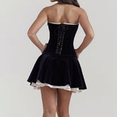 Pleated Trim Black Strapless Velvet Mini Dress